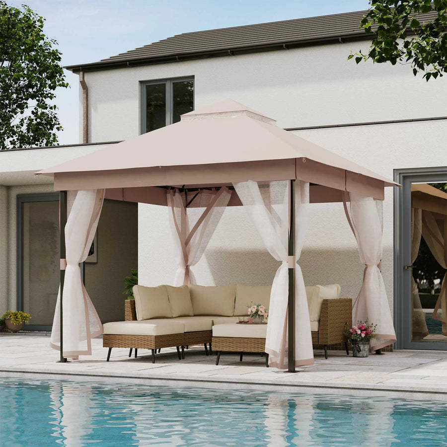 LAUSAINT HOME 10'x10' Patio Gazebo with Mosquito Netting, Double Roof Outdoor Gazebo Pavilion Shelter, Khaki