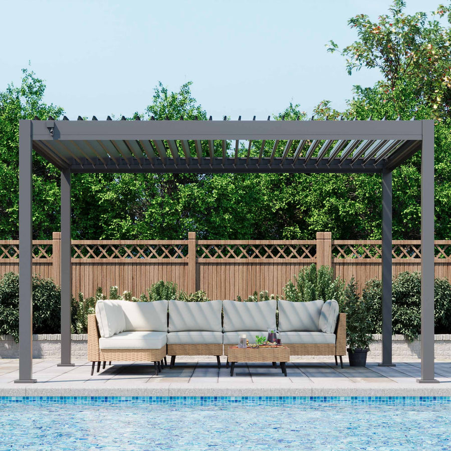 LAUSAINT HOME 10'x12' Outdoor Louvered Pergola, Heavy Duty Metal Pergola with Adjustable Roof & Integrated Drainage System for Patio Backyard Garden Poolside