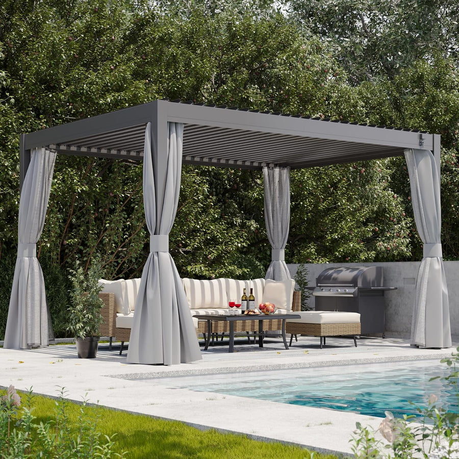 LAUSAINT HOME Outdoor Louvered Pergola Shade 10'x13' with Gutter, Well Engineered Sun Shade Shelter Kit with Adjustable Roof, All Aluminum, Black & Brown