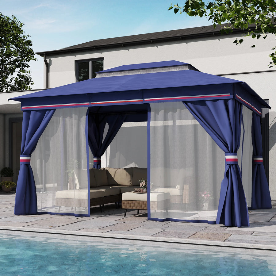 LAUSAINT HOME 10'x13' Patio Gazebo, Double Roof Outdoor Shelter Tent with Mosquito Nettings and Privacy Screens, Classic Blue