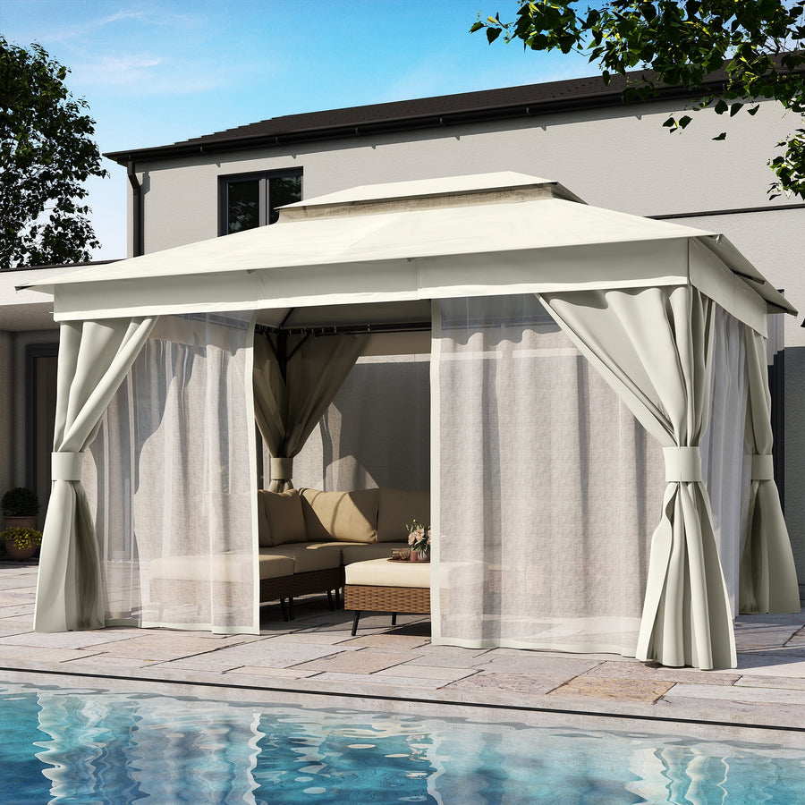 LAUSAINT HOME 10'x13' Patio Gazebo, Double Roof Outdoor Shelter Tent with Mosquito Nettings and Privacy Screens, Cream White