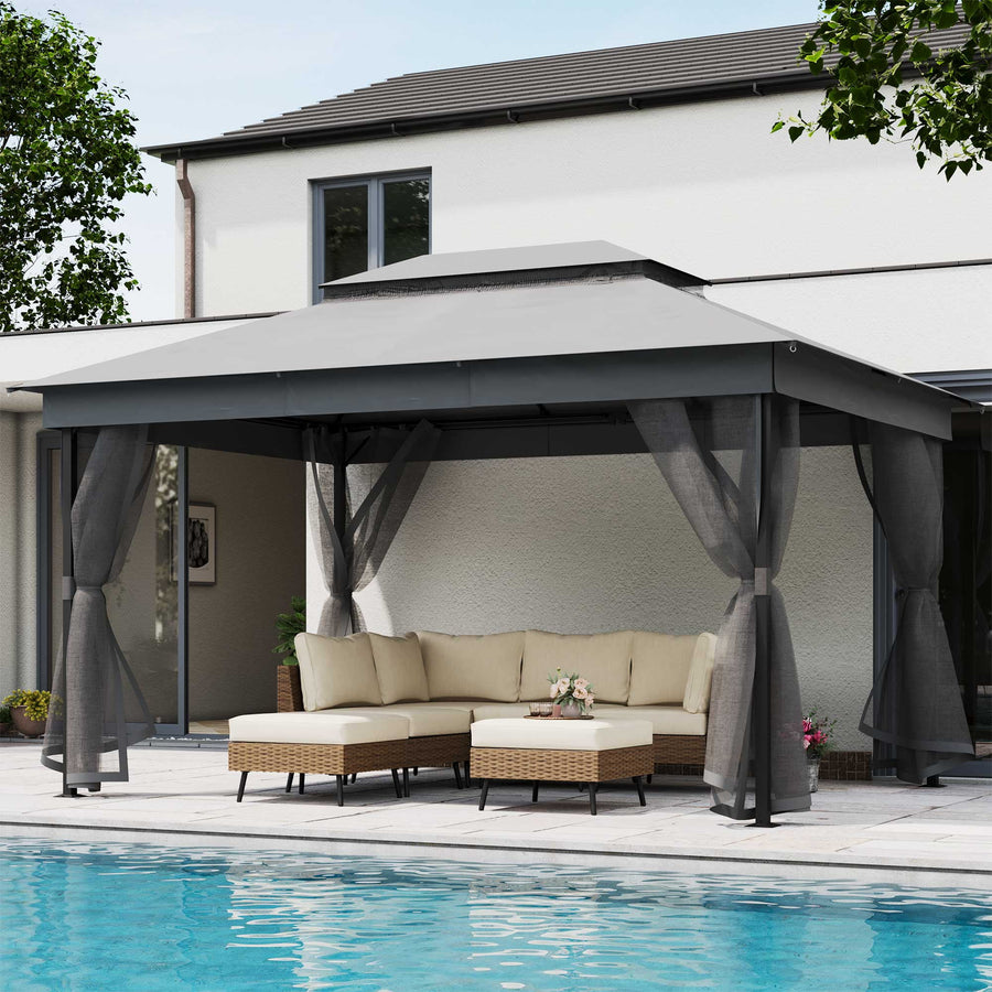 LAUSAINT HOME 10'x13' Patio Gazebo with Mosquito Netting, Double Roof Outdoor Gazebo Pavilion Shelter, Gray