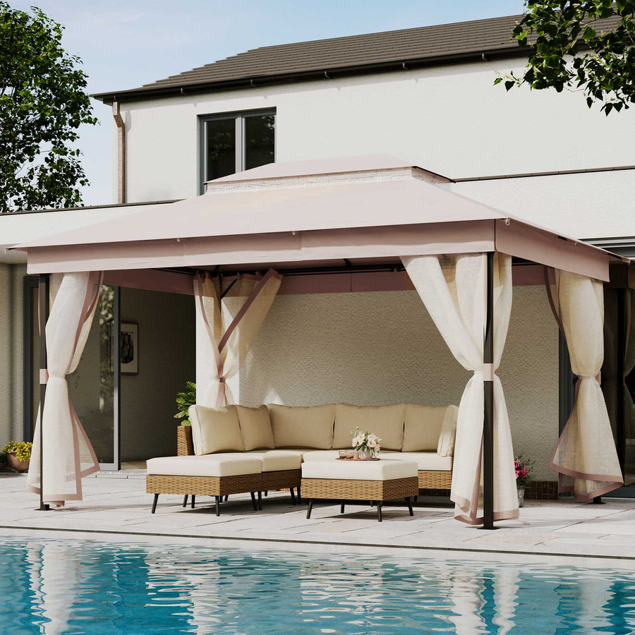 LAUSAINT HOME 10'x13' Patio Gazebo with Mosquito Netting, Double Roof Outdoor Gazebo Pavilion Shelter, Khaki
