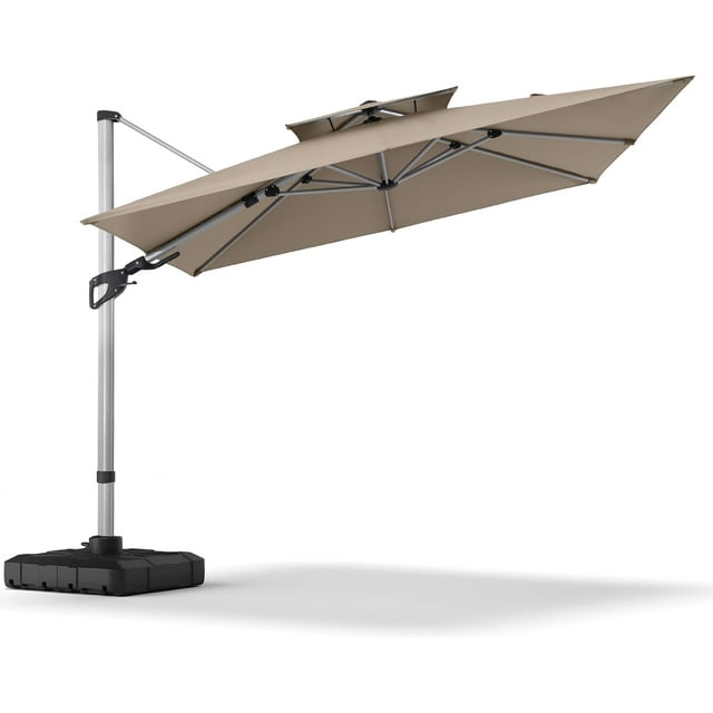 LAUSAINT HOME 10FT Patio Umbrella with Base, Double Top Design Cantilever Umbrella with 360° Rotation, Aluminum Pole, Khaki