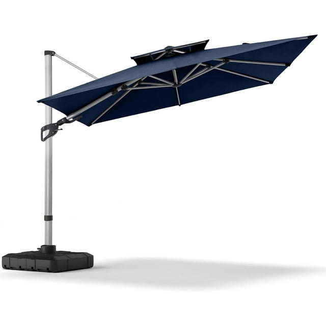 LAUSAINT HOME 10FT Patio Umbrella with Base, Double Top Design Cantilever Umbrella with 360° Rotation, Aluminum Pole, Navy Blue