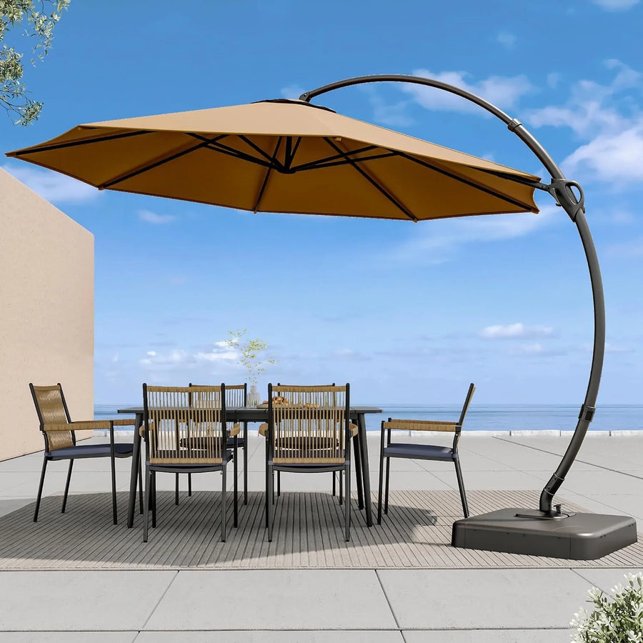 LAUSAINT HOME 10FT Patio Umbrella with Base, Outdoor Deluxe Curvy Cantilever Umbrella for Patio Pool Deck, Tan