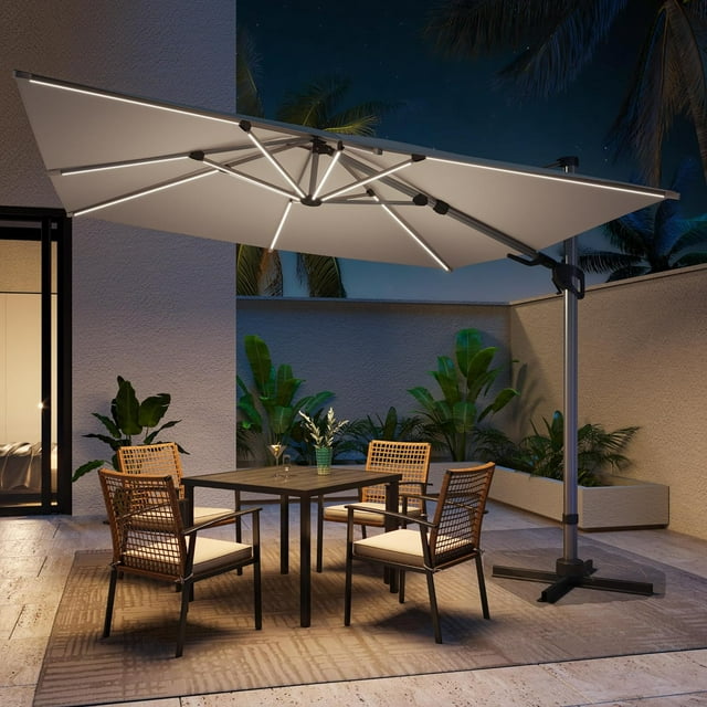 LAUSAINT HOME 10FT Patio Umbrella with LED Lights, Outdoor Large Cantilever Umbrella with 360° Rotation, Gray