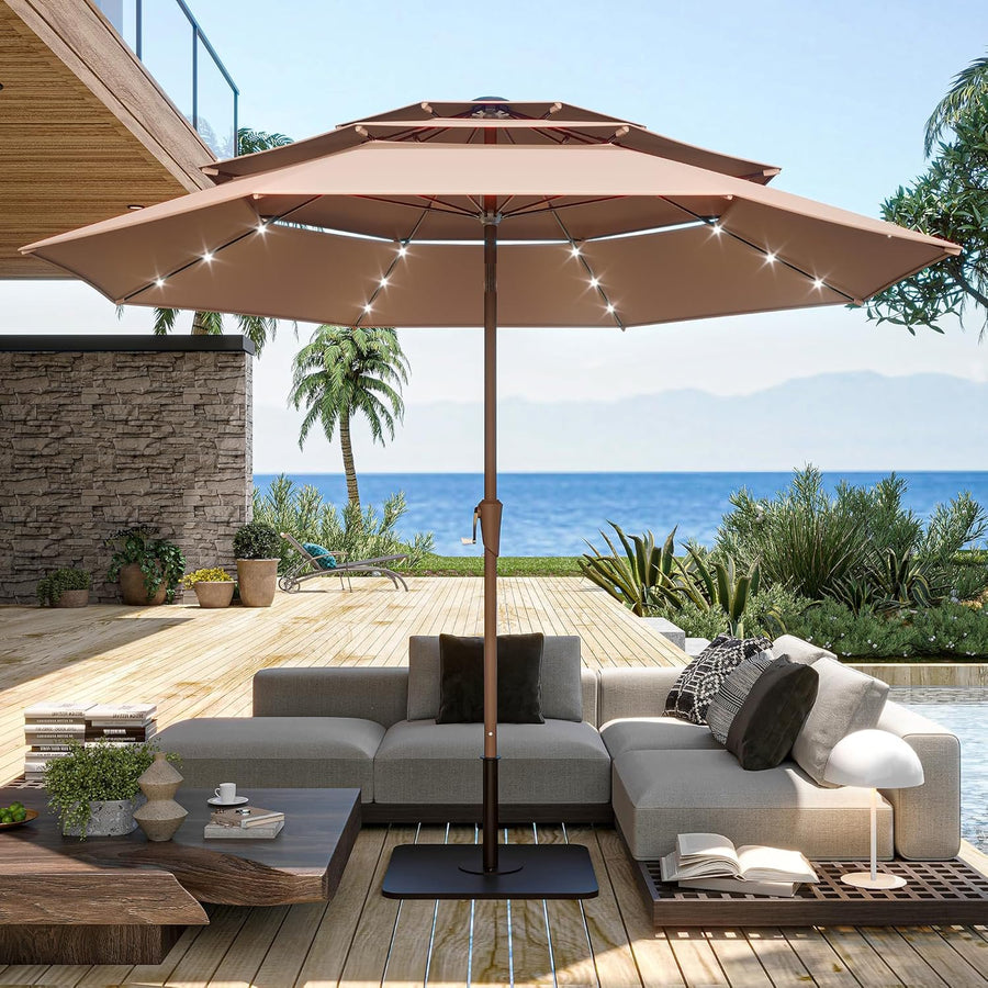 LAUSAINT HOME 10ft Patio Umbrella with Solar Lights, 3-tier Outdoor Umbrellas for Patio Pool Deck Market, Beige