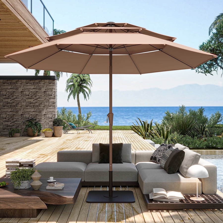 LAUSAINT HOME 10ft 3 Tier Patio Umbrella, Patio Table Umbrella with 8 Fiberglass Ribs, Aluminum Pole, Push Button Tilt & Easy Crank, Beige