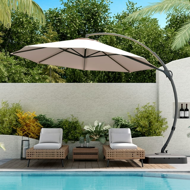 LAUSAINT HOME 11FT Deluxe Patio Umbrella with Base, Large Cantilever Curvy Umbrella with 360°, Champagne