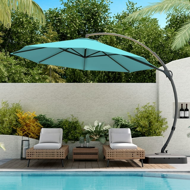 LAUSAINT HOME 11FT Deluxe Patio Umbrella with Base, Outdoor Large Hanging Cantilever Curvy Umbrella with 360°, Turquoise Blue