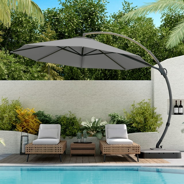 LAUSAINT HOME 12FT Deluxe Patio Umbrella with Base, Outdoor Large Hanging Cantilever Curvy Umbrella with 360°, Gray