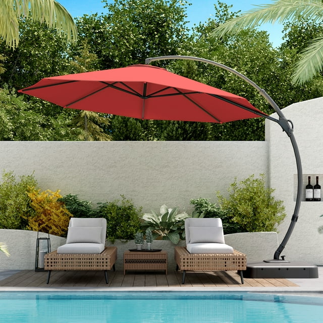 LAUSAINT HOME 12FT Deluxe Patio Umbrella with Base, Outdoor Large Hanging Cantilever Curvy Umbrella with 360°, Red