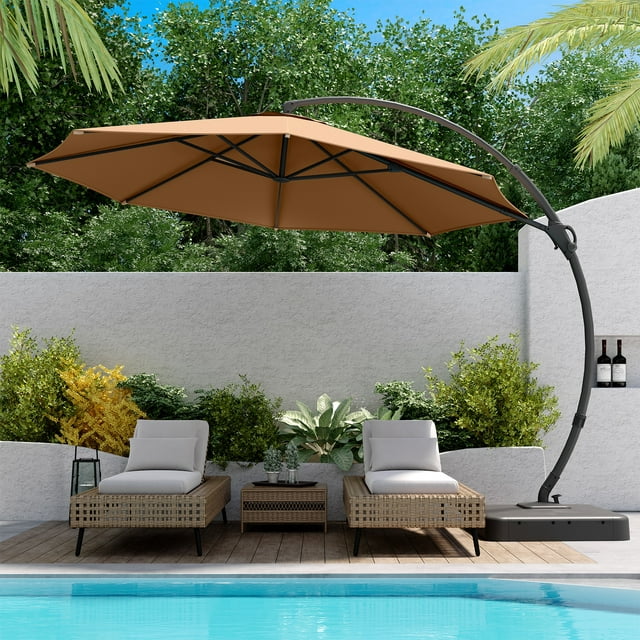LAUSAINT HOME 12FT Deluxe Patio Umbrella with Base, Outdoor Large Hanging Cantilever Curvy Umbrella with 360°, Tan