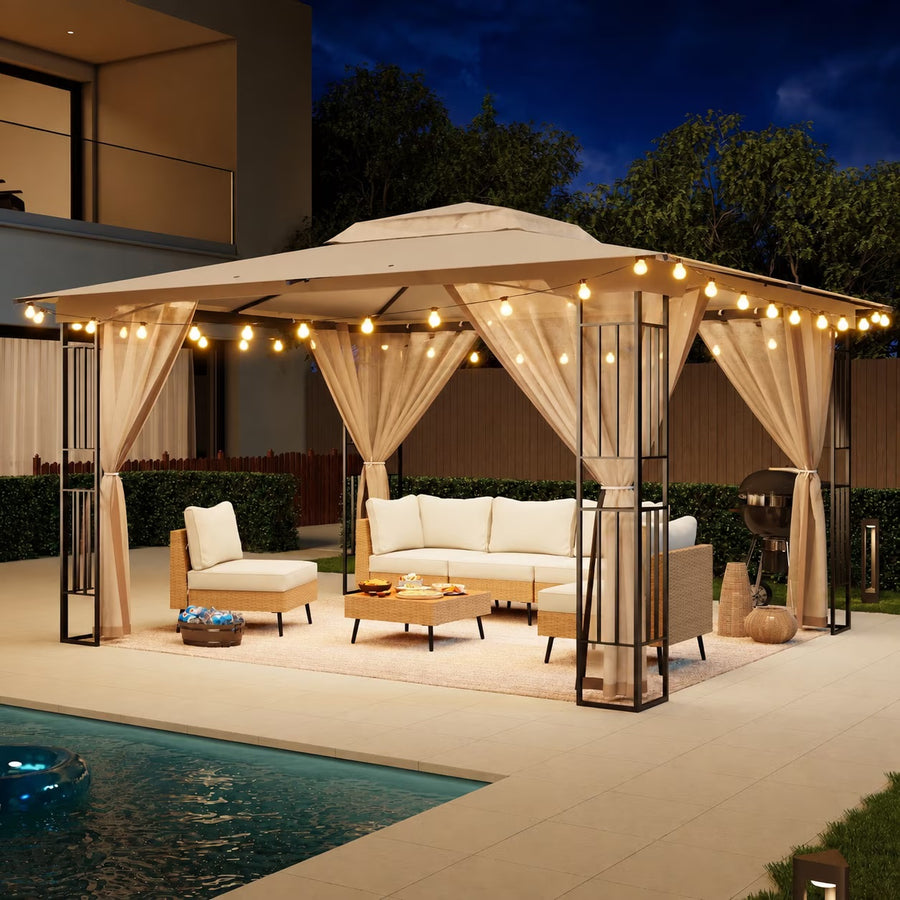 LAUSAINT HOME 13' x 11' Outdoor Patio Gazebo with 50FT String Lights, Heavy-Duty Steel Frame Gazebo with Double-Tier Roof & Mosquito Netting, Party Tent Shelter for Backyard, Garden, Lawn, Khaki