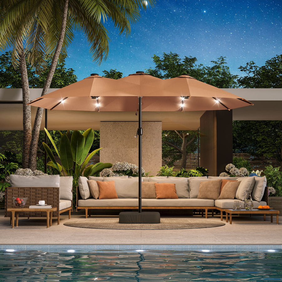 LAUSAINT HOME 13ft Double Sided Patio Umbrellas with Base & Lights for Garden, Poolside, Beige
