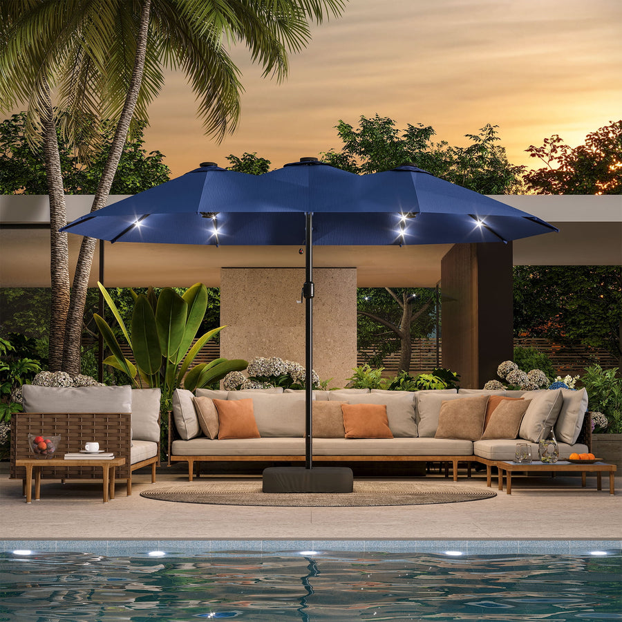 LAUSAINT HOME 13ft Double Sided Patio Umbrellas with Base & Lights for Garden, Poolside, Navy Blue