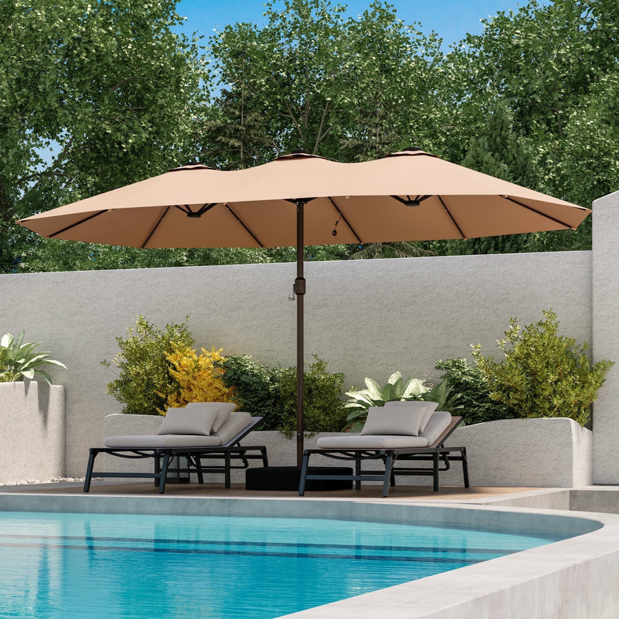 LAUSAINT HOME 15ft Double-Sided Patio Umbrellas with Base, Solar Lights & Crank Handle, Beige