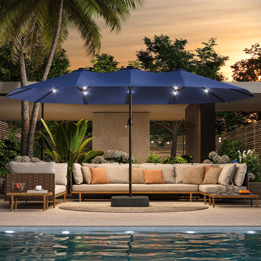 LAUSAINT HOME 15ft Double Sided Patio Umbrellas with Base & Lights for Garden, Poolside, Navy Blue