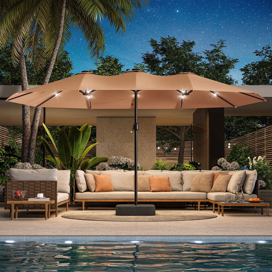 LAUSAINT HOME 15ft Double-Sided Patio Umbrellas with Base & Lights for Garden, Poolside, Beige