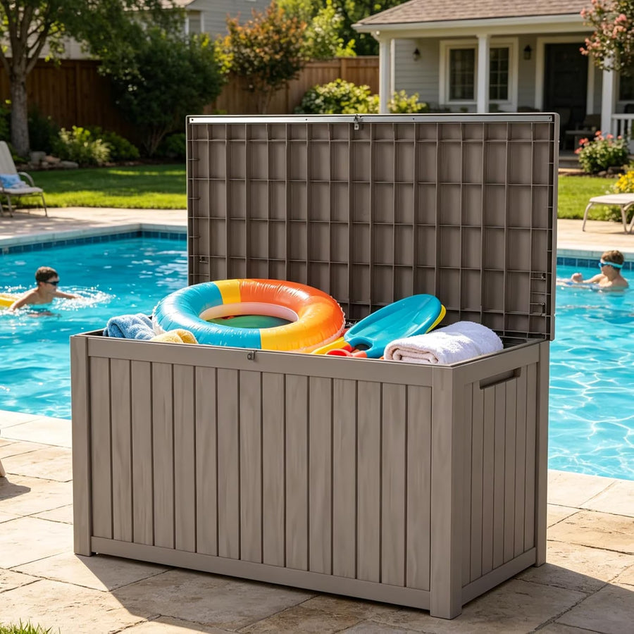 LAUSAINT HOME 200 Gallon Resin Deck Box, Package Delivery Box with Lockable Lid, Waterproof Outdoor Storage Box For Garden Tools, Patio Cushions, Brown