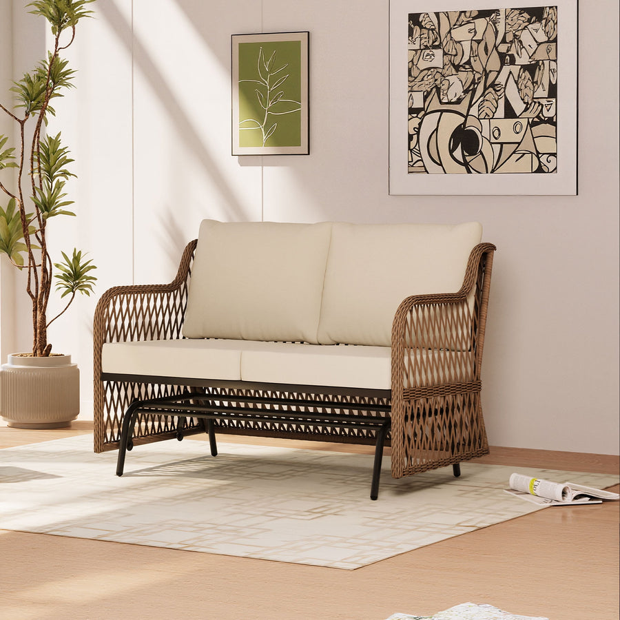 LAUSAINT HOME Outdoor Swing Glider Bench for 2 Person, Patio Furniture Rattan Chair with Beige Cushions