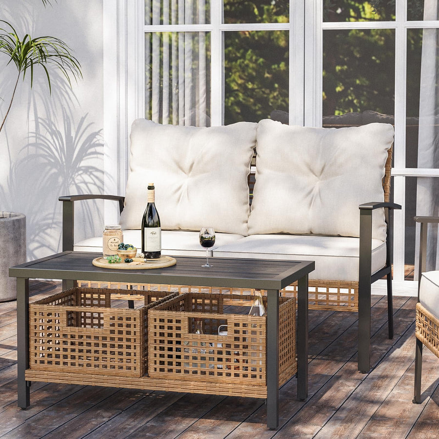 LAUSAINT HOME 2 Pieces Patio Conversation Set, Modern Outdoor Wicker Loveseat with 1 Coffee Table, Beige Cushions for Backyard, Garden