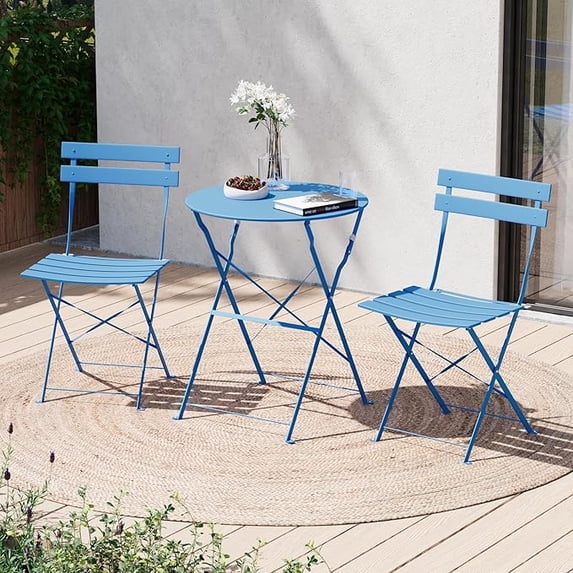LAUSAINT HOME 3-Piece Outdoor Folding Bistro Set, Outdoor Furniture Set with Premium Frame for Balcony, Garden, Blue