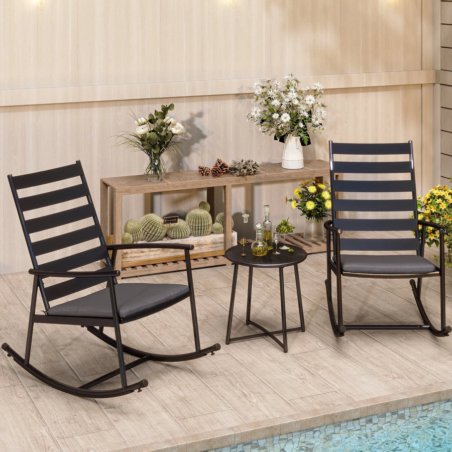 Visit the Lausaint Home Store LAUSAINT HOME 3-Piece Outdoor Rocking Chair Set with High-Back, Metal Bistro Set with 2 Chairs, 1 Table and Black Cushions