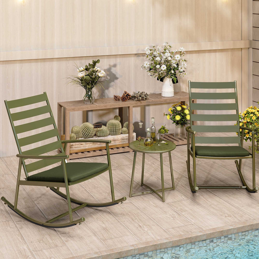 LAUSAINT HOME 3-Piece Outdoor Rocking Chair Set with High-Back, Metal Bistro Set with 2 Chairs, 1 Table and Green Cushions