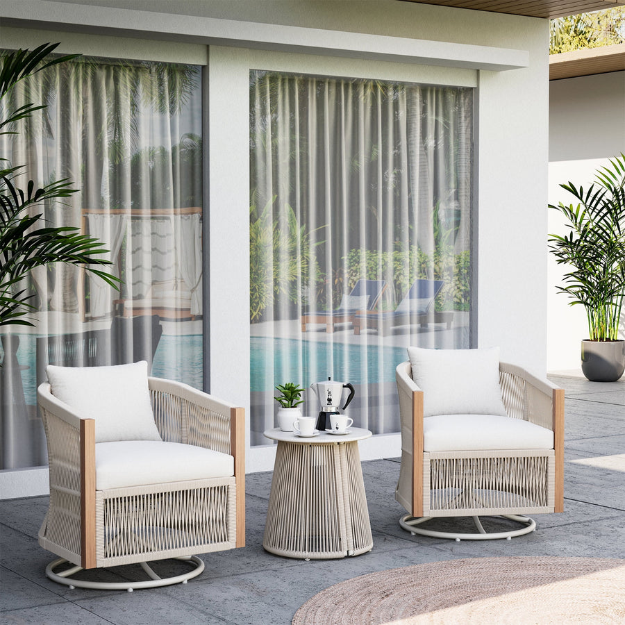 LAUSAINT HOME 3-Piece Patio Bistro Set, Oversized Swivel Rocking Wicker Rope Chairs with Cushions and Coffee Table, Beige