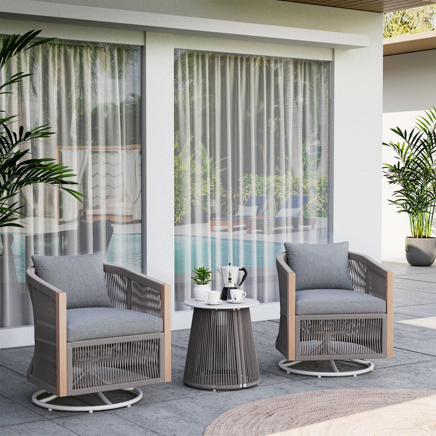 LAUSAINT HOME 3-Piece Patio Bistro Set, Oversized Swivel Rocking Wicker Rope Chairs with Cushions and Coffee Table, Gray