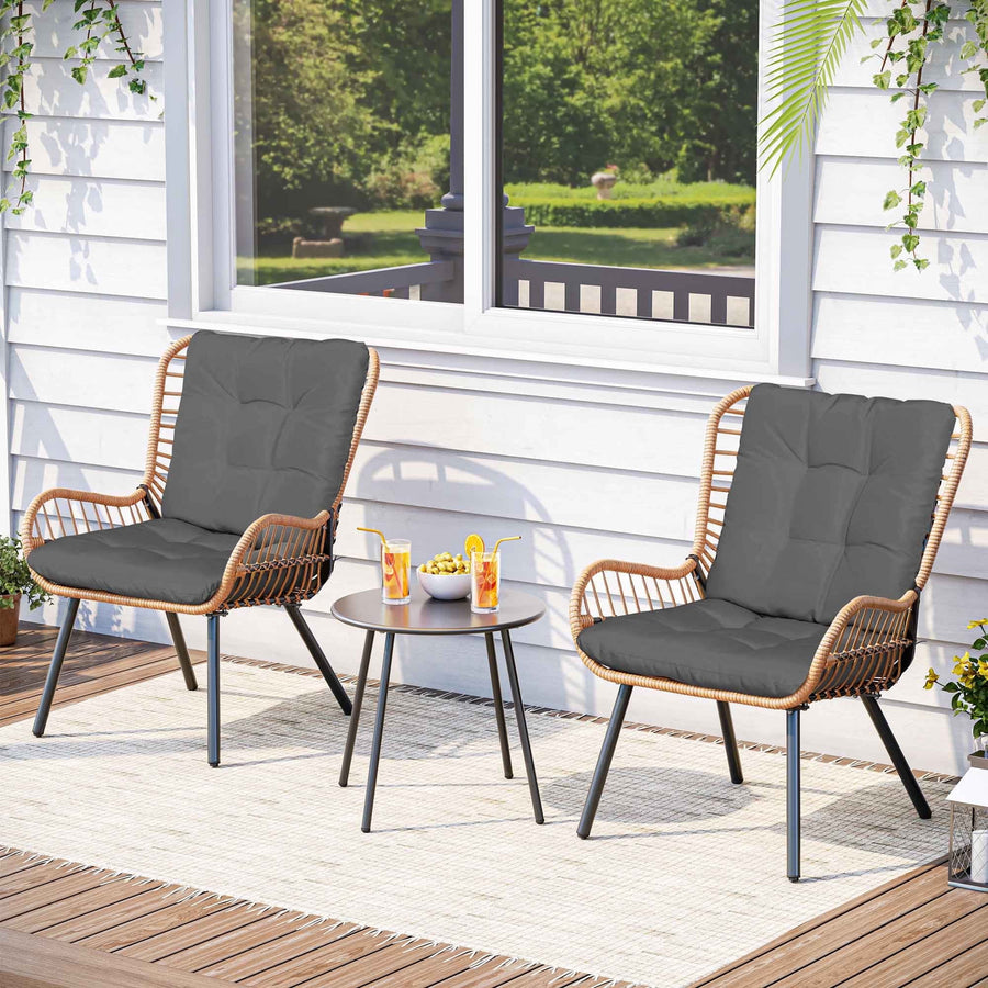 LAUSAINT HOME 3-Piece Patio Furniture Set, High Back Outdoor Bistro with Coffee Table & Gray Cushions for Garden or Deck