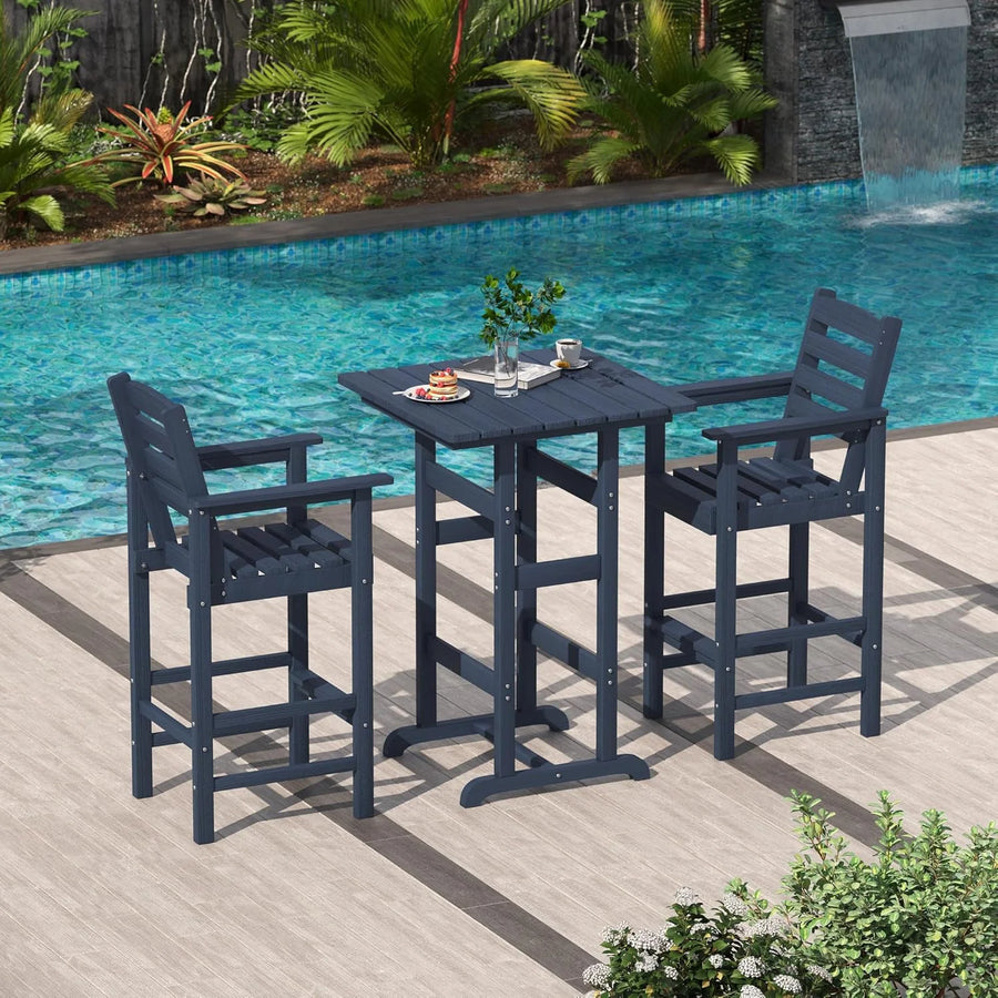 LAUSAINT HOME 3 Pieces Outdoor Bar Stools Set, Adirondack Barstools Set of 2 with Table,Blue