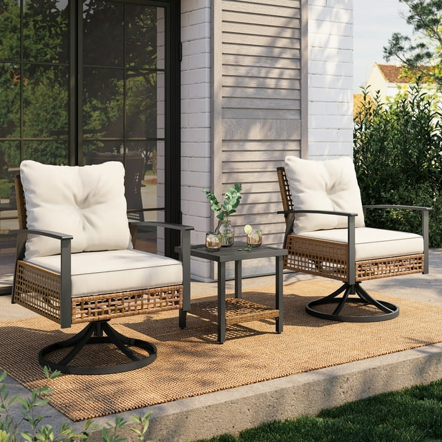 LAUSAINT HOME 3 Pieces Patio Conversation Set, Outdoor Furniture with Swivel Chairs & Coffee Table, Beige