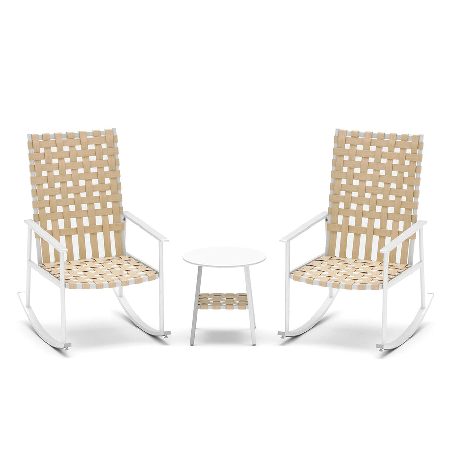 LAUSAINT HOME 3-Piece Outdoor Rocking Chair Set with High-Back, Wicker Bistro Set with 2 Chairs and 1 Table, Beige