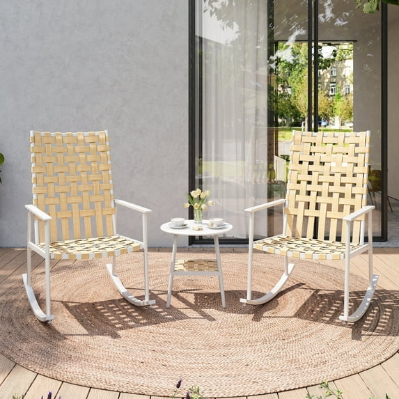 LAUSAINT HOME 3-Piece Outdoor Rocking Chair Set with High-Back, Wicker Bistro Set with 2 Chairs and 1 Table, Beige