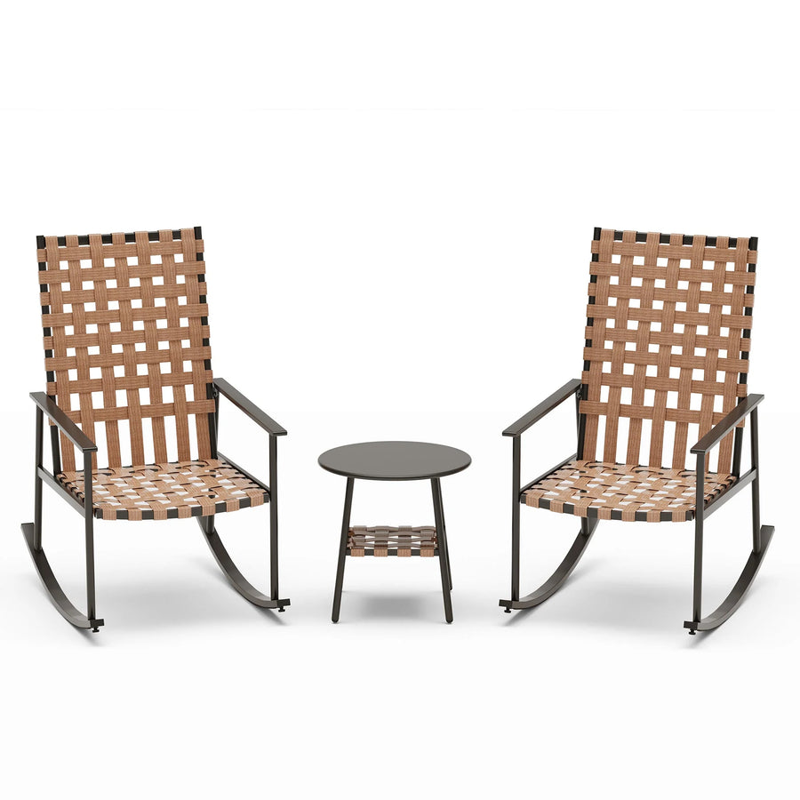 LAUSAINT HOME 3-Piece Outdoor Rocking Chair Set with High-Back, Wicker Bistro Set with 2 Chairs and 1 Table, Brown