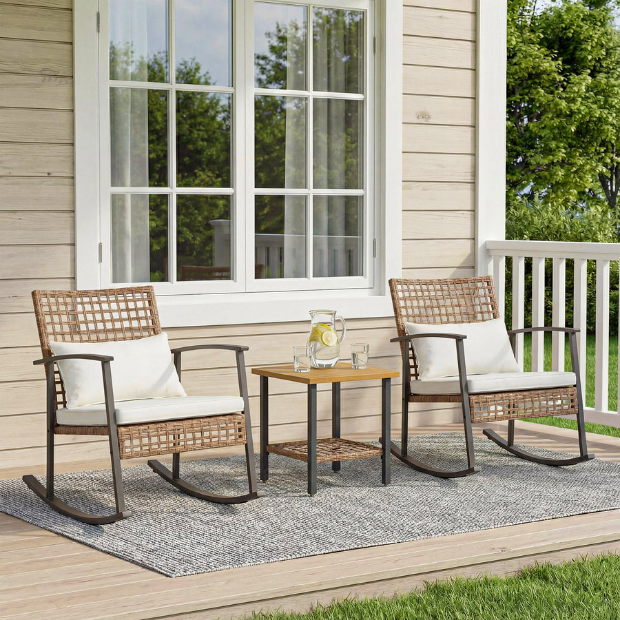 Lausaint Home Adult 3 Piece Metal Weatherproof Outdoor Conversation Sets with 2 Rocking Chairs and 2-Tier Coffee Table, Black/Beige