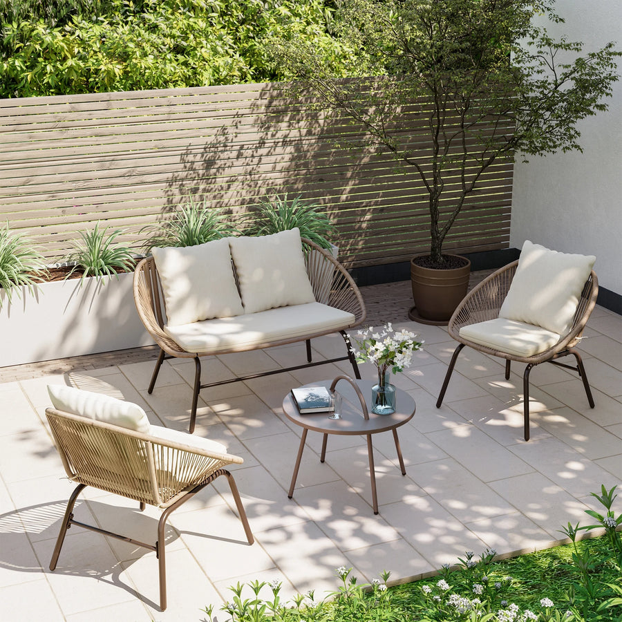 LAUSAINT HOME 4-Piece Patio Furniture Set, Bohemian Outdoor Conversation Set with Loveseat and Coffee Table for Backyard, Porch, Balcony, Beige