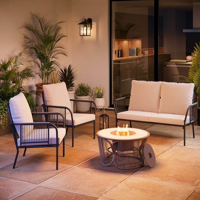 LAUSAINT HOME 4 Pieces Outdoor Patio Conversation Set with Wicker Fire Pit, 2 Chairs & 1 Loveseat, Beige