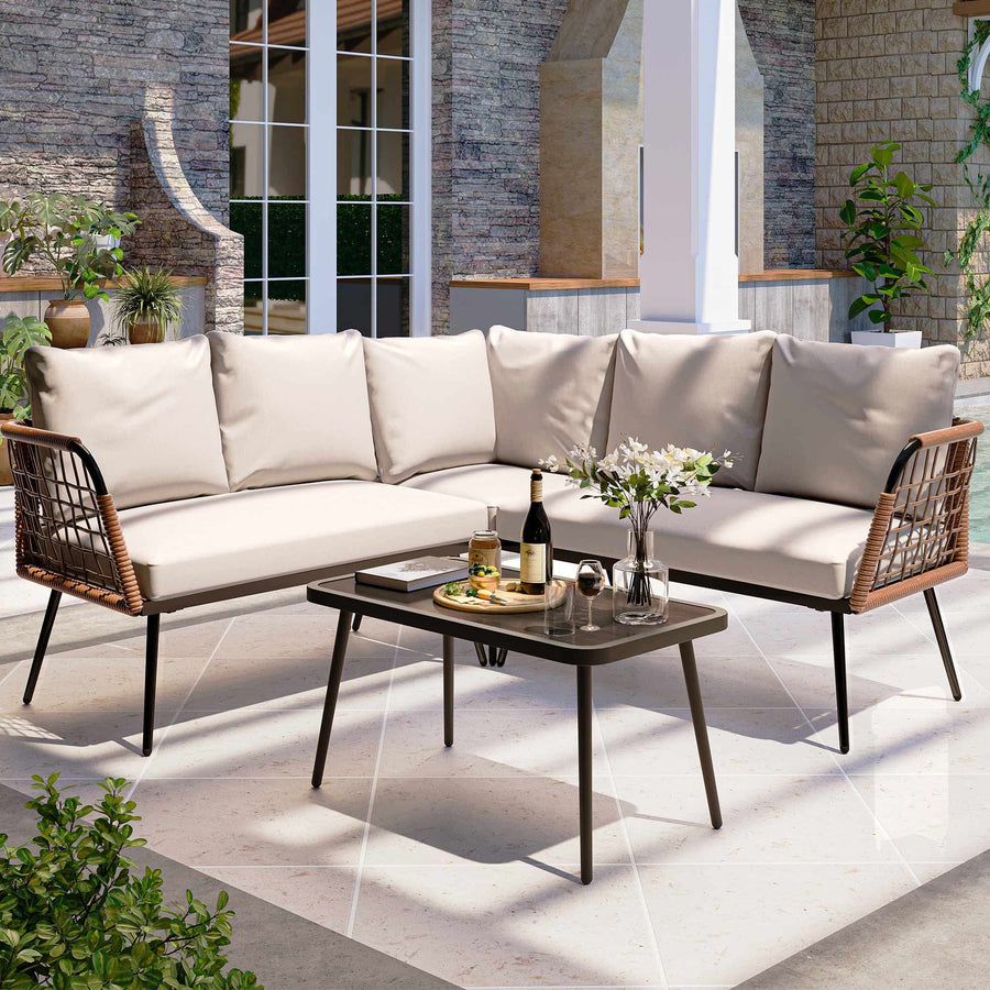 LAUSAINT HOME 4 Pieces Patio Furniture Set, Outdoor Wicker Conversation Sectional L-Shaped Sofa with 5 Seater and Coffee Table, Beige