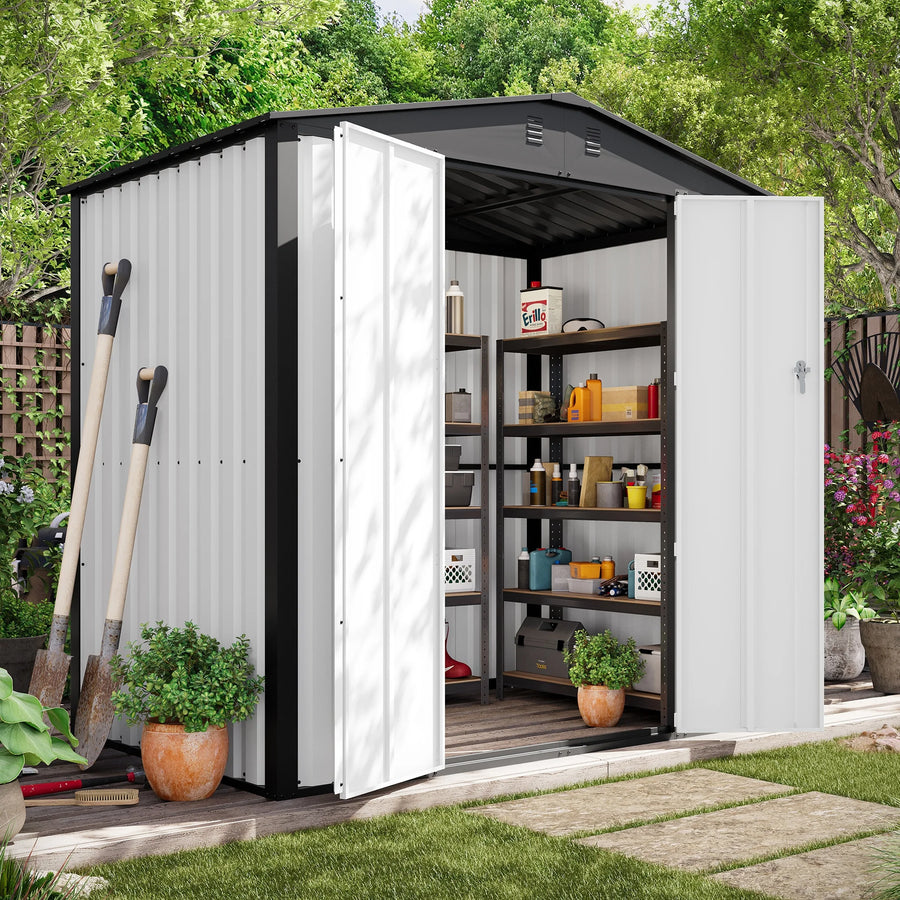 LAUSAINT HOME 6' x 4' Outdoor Storage Shed, Metal Shed Garden Tool Storage & Bicycle Storage with Lockable Door, White