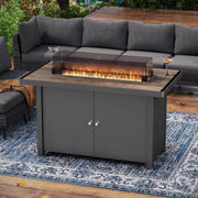 LAUSAINT HOME 43" Outdoor Fire Pit Table with Teakwood-grain Tabletop, 55,000 BTU Patio Propane Gas Fire Pit with Gray Glass Beads & Windshield, Metal