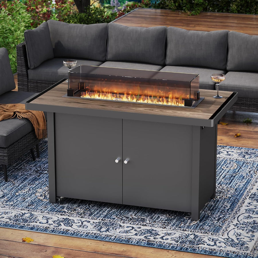 LAUSAINT HOME 43" Outdoor Fire Pit Table with Teakwood-grain Tabletop, 55,000 BTU Patio Propane Gas Fire Pit with Gray Glass Beads & Windshield, Metal