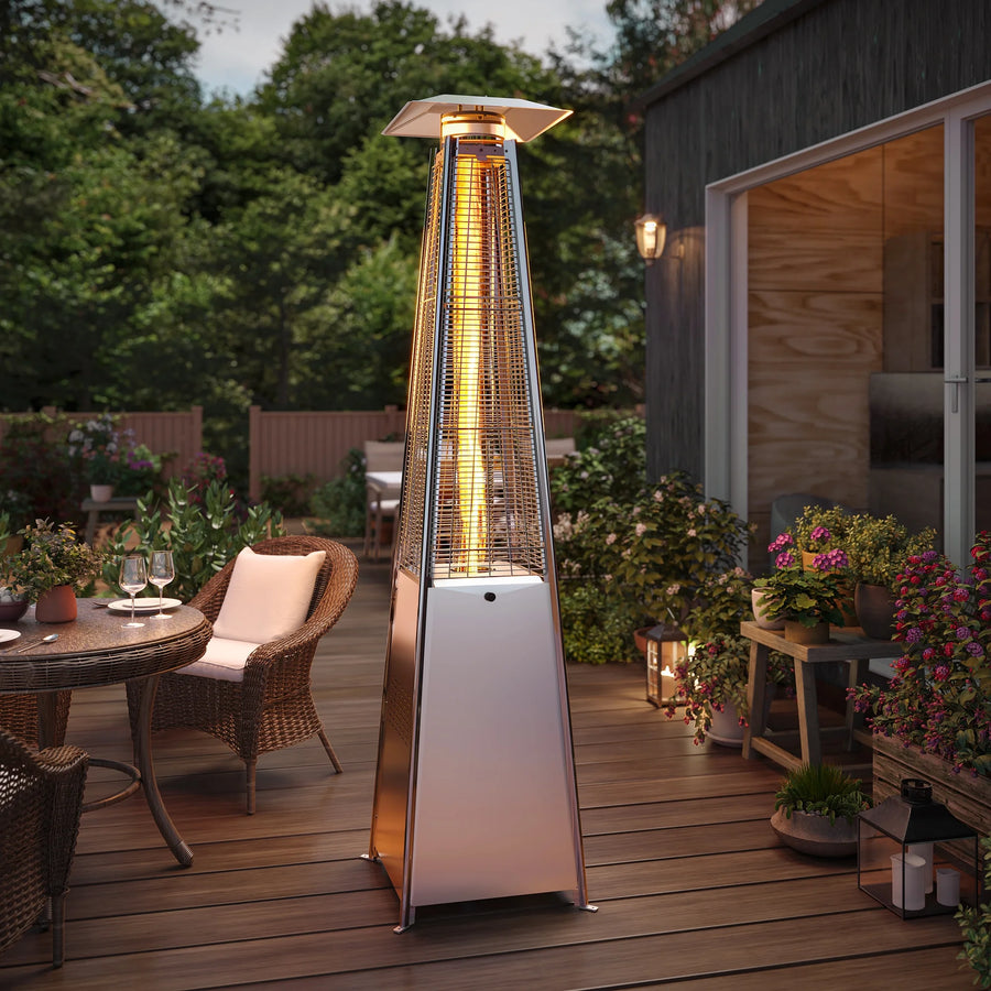 LAUSAINT HOME 87'' Tall Pyramid Patio Heater with Wheels, Glass Tube Flame Heating 48000 BTU & Dust Cover