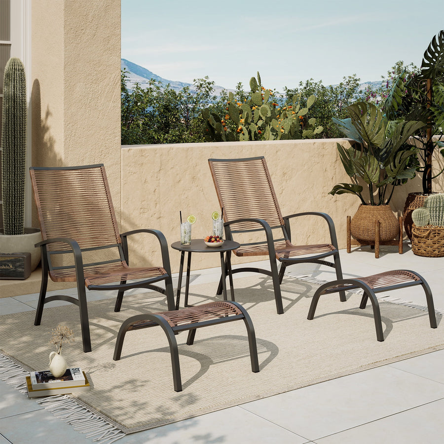 LAUSAINT HOME 5-Piece Outdoor Patio Conversation Set with 2 Chairs, 2 Ottomans and 1 Table, Brown PE Wicker