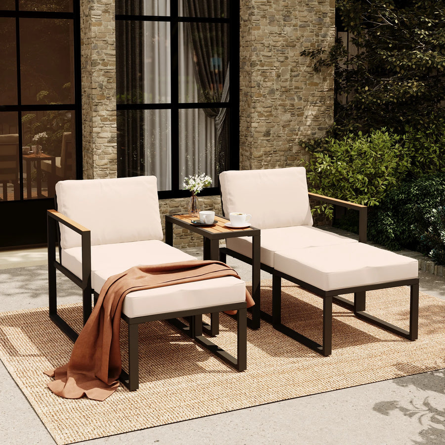 LAUSAINT HOME 5 Pieces Outdoor Conversation Set, Metal Patio Chairs with 2 Ottomans, 1 Side Table and Thick Cushions, Beige