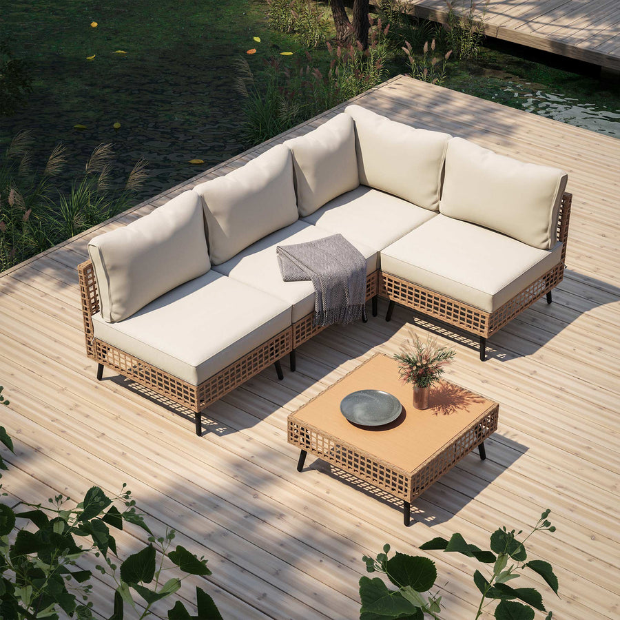 LAUSAINT HOME 5 Pieces Patio Furniture Set, Outdoor Wicker Conversation Sectional Set with Beige Cushions