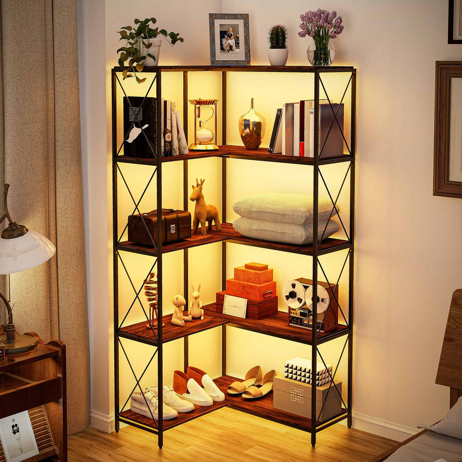 LAUSAINT HOME 5-Tier Corner Shelf, L-shaped Corner Bookcase with LED Lights, Brown